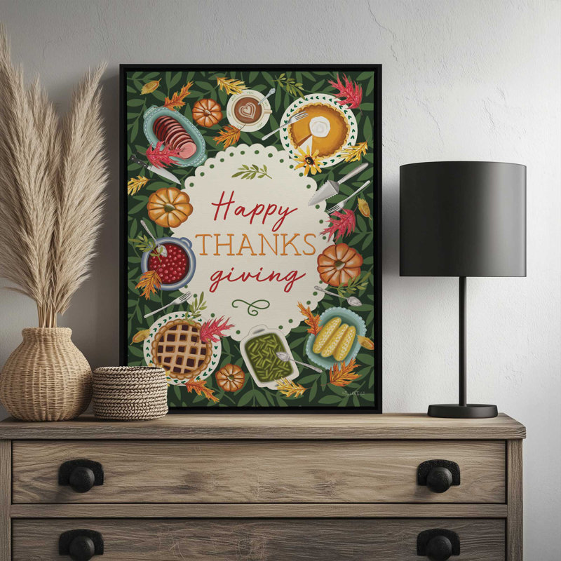 «Happy Thanksgiving Table» par Elizabeth Tyndall, reproduction d'art, L 12 po x H 16 po, Blanc, Toile avec cadre
