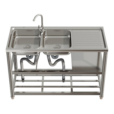 Stainless Steel Two Compartment Sinks with Shelves and Drainboard
