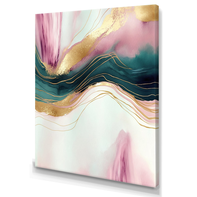 Géode abstraite, marbre rose et vert III - art mural abstrait en marbre, H 32 po x l 24 po x P 1 po, Toile tendue