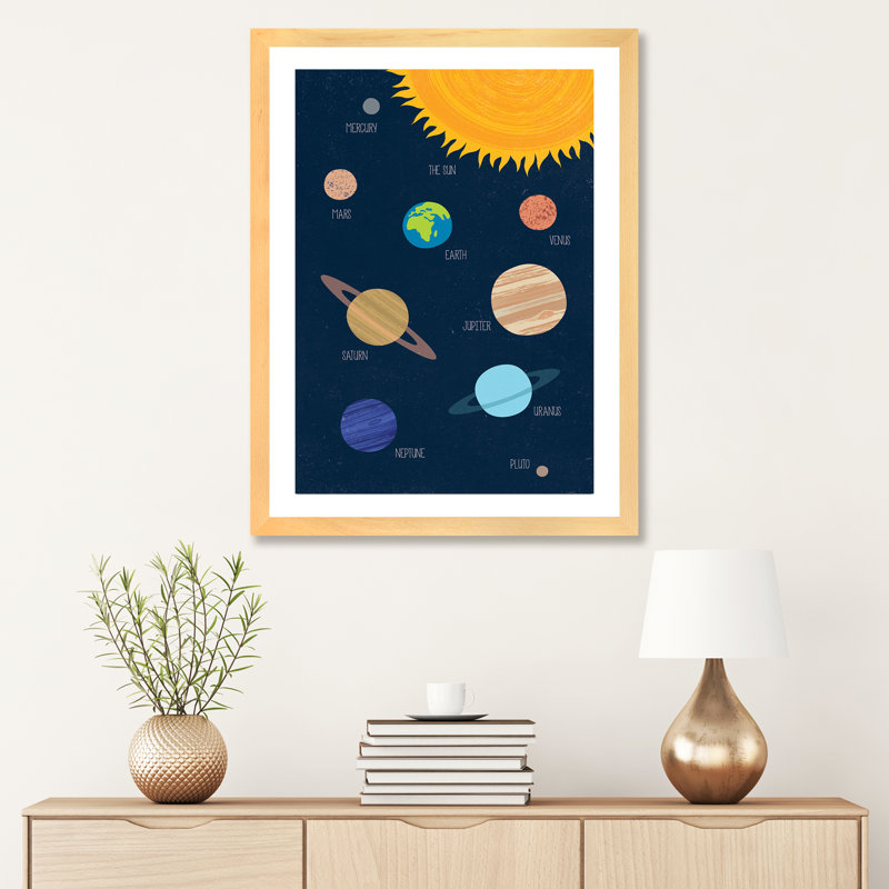 Système solaire - Impression, Papier avec cadre beige, Blanc, H 32 po x l 24 po x P 1 po