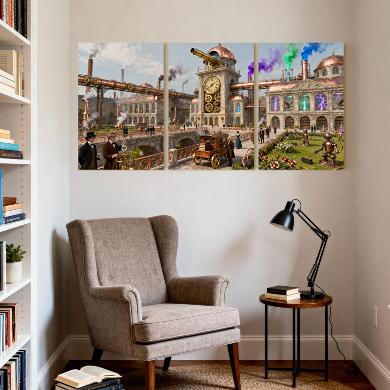 Fantaisie et science-fiction, paysage urbain Steampunk avec tour de l'horloge et engrenages, ensemble de 3 impressions sur toile