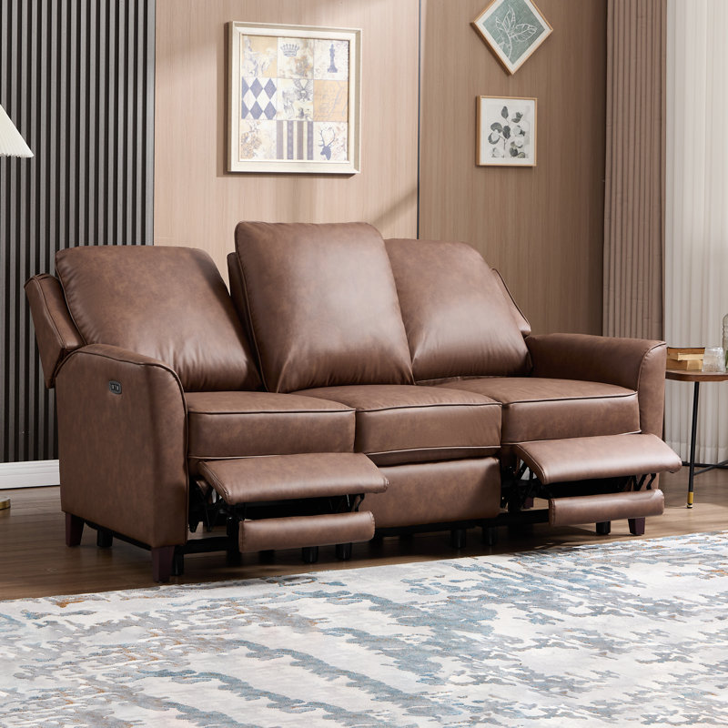 Canapé inclinable électrique en cuir synthétique de 74,4 po de largeur à 3 places, Brown