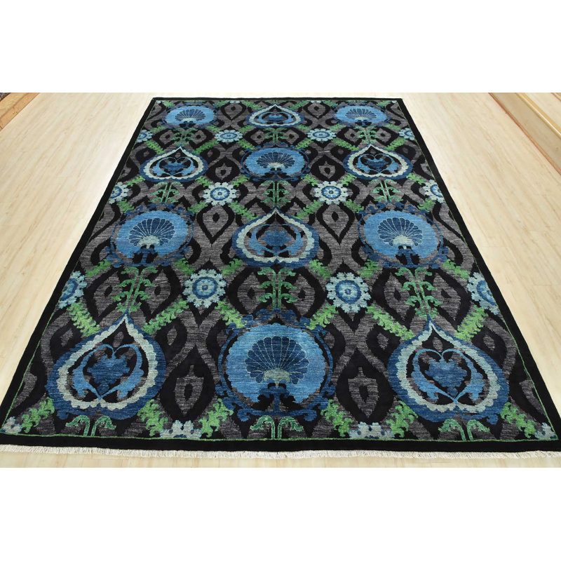 Tapis gris / bleu en laine noué à la main de conception unique 8 pi 1 po x 9 pi 8 po Gabrielly