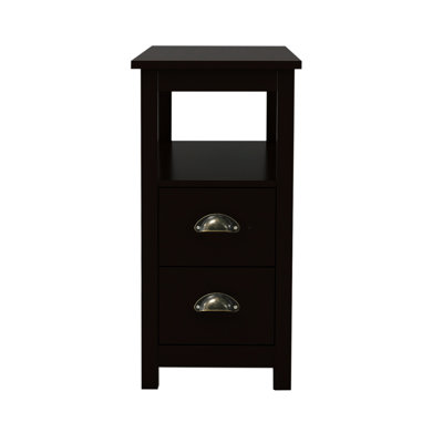 Brown End Table With Two And Open Shelf Design. Ample Storage, Made Of E1 Solid Pine Legs, Coated Tabletop, Quick Effortless Assembly Nightstand Two Drawers Shelving. Expansive Storage Space, &