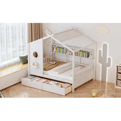 Adreinne Pinewood Frame Wooden House Bed with Two Big Drawers and a Shelf, Semi-Enclosed Space, Playhouse Design