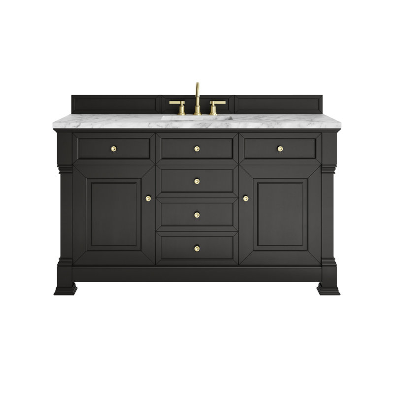 Brookfield Single Vanity, Carrara White, Widespread, Black Onyx