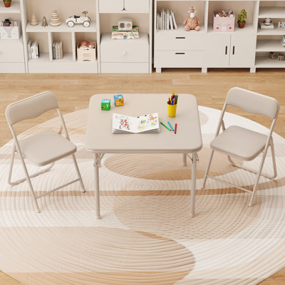 Boys and Girls Folding Table and Chairs Set of 3, Portable Table and Chair with Pu Soft Cushion,Suitable for Eating,Reading and Playing