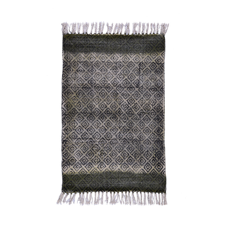 Tapis gris en coton tissé à plat à la main à motif géométrique, Rectangle 2 pi x 3 pi