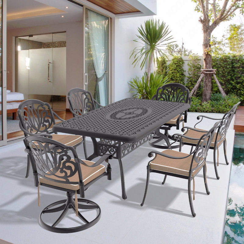 Ensemble de salle à manger 7 pièces en fonte d'aluminium toutes saisons comprenant 2 chaises pivotantes, 4 chaises et une table rectangulaire avec cadre noir