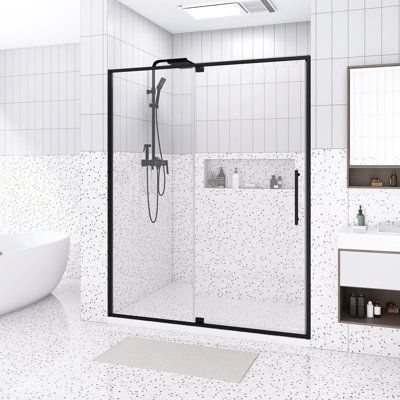 56-60"W X 74"H Framed Pivot Shower Door | Open Outside | Stop At 105 Degrees | 5/16" Tempered Glass | Matte Black