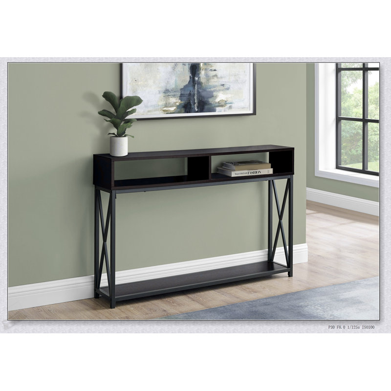Console moderne étroite avec structure en métal et plateau en stratifié brun, parfaite pour les entrées et les côtés des canapés