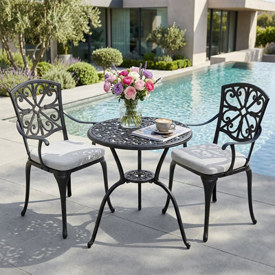 Outdoor 3-Piece Cast Aluminum Patio Set with Cushions and Umbrella Hole