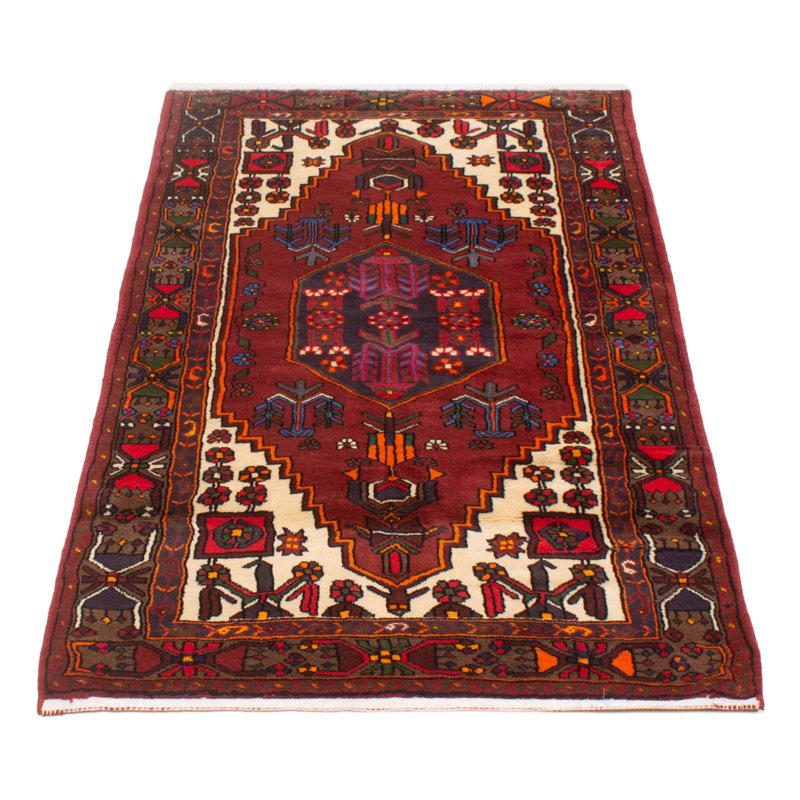 Tapis rouge foncé en laine noué à la main de conception unique 4 pi 3 po x 7 pi 3 po Moana