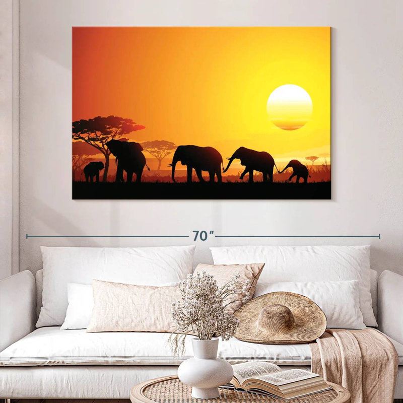 Elephant Herd At Sunset, 34" H x 51" W