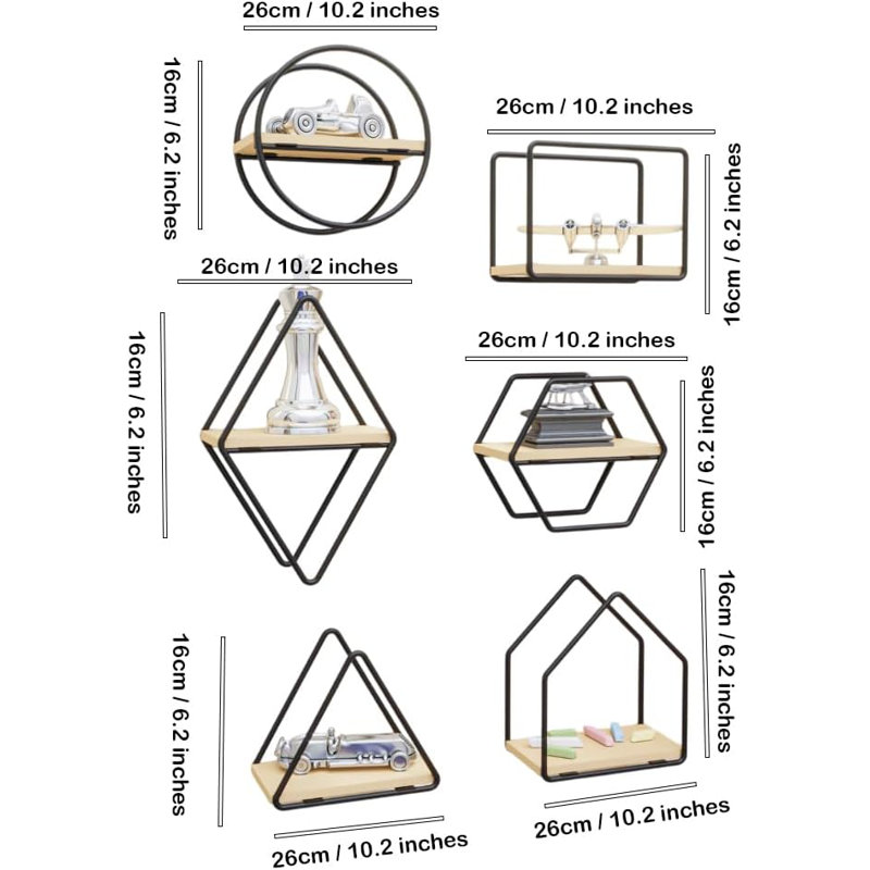 Set of 6 Geometric Wall Shelves – Floating Wooden Wall Decor