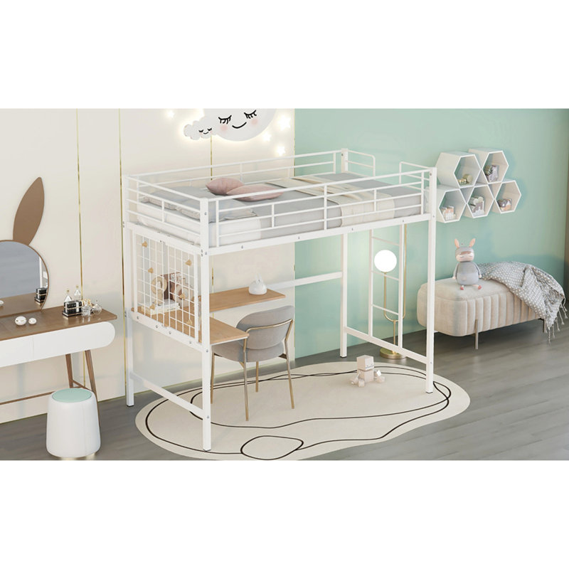 Lit mezzanine en métal avec bureau et grille en métal, Lit simple