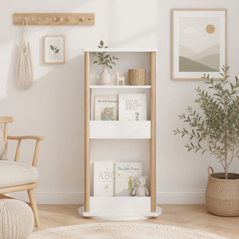 Bibliothèque pivotante à 360° pour enfants avec tableau noir, bibliothèque tournante à 3 niveaux et rangement pour jouets, blanc et naturel