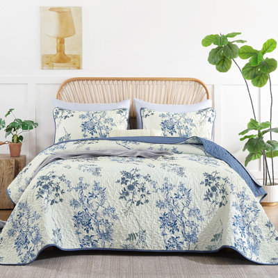 3-Piece Botanical Leaf & Butterfly Pattern Floral Quilt Set Farmhouse Plants Bedspread Coverlet Bedding Set