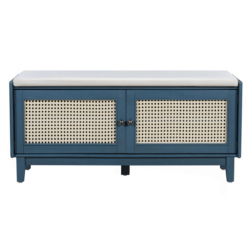 Banc d'entrée en rotin avec rangement Boho, Bleu marine antique / beige