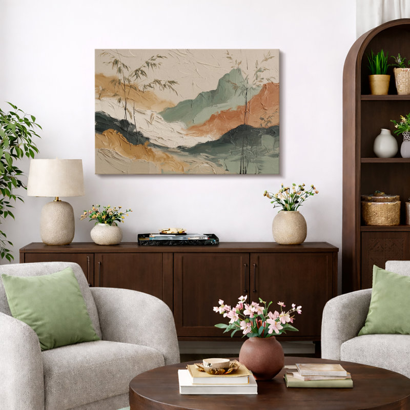«Neutral Earth Tone Abstract Landscape Bamboo Artwork», photos de salon, impression sur toile encadrée, Toile tendue