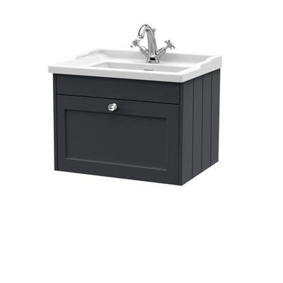 Old London Ashwick Satin Soft Black 600mm Wall Hung 1-Drawer Unit With Basin 1 Tap Hole