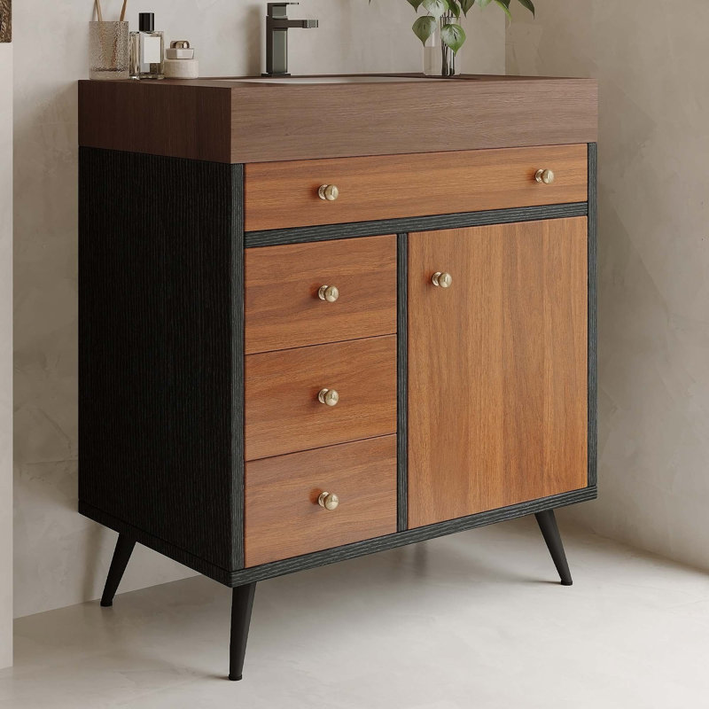 Meuble-lavabo autoportant avec lavabo en céramique et comptoir en pierre frittée pour un décor élégant, Brun