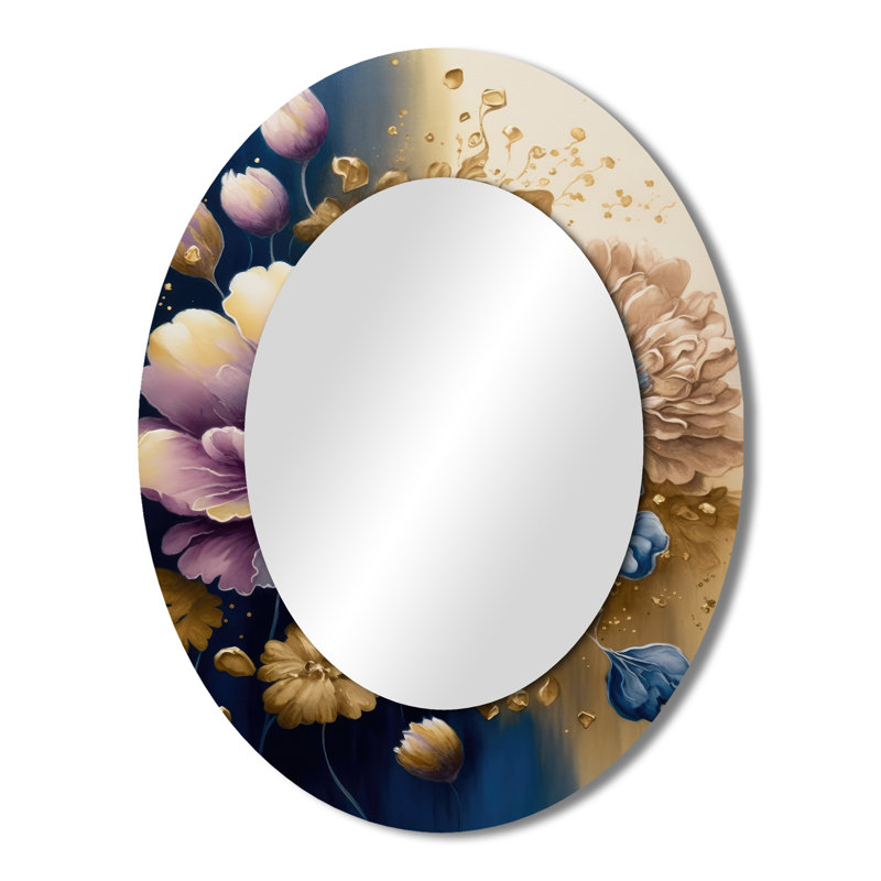 Mauve et bleu aquarelle fleurs III - Miroir décoratif floral ovale sur métal, 43 po x 33 po
