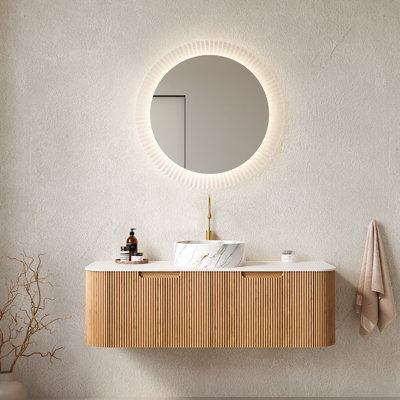 Meuble-lavabo 48 po avec lavabo rond en céramique blanche de haute qualité, armoire de rangement murale à 2 tiroirs, finition naturelle, meuble-lavabo adéquat, motif pierre de lavabo, système de fermeture en douceur du grain de bois
