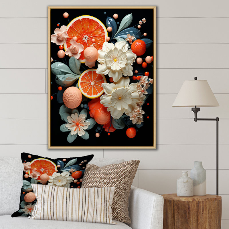 «Funky Foliage Vibrant Flowers On», reproduction sur toile encadrée, Cadre naturel flottant, H 32 po x l 16 po x P 1 po