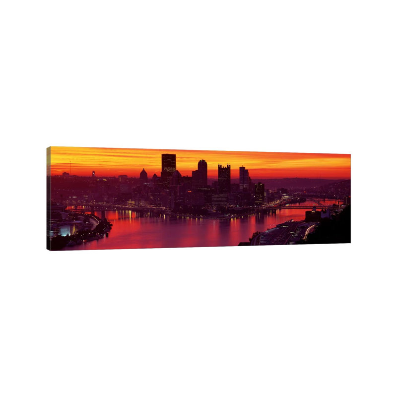Silhouette of Buildings at Dawn, Three Rivers Stadium, Pittsburgh, Allegheny County, Pennsylvania, USA 1 Piece Wrapped Canvas Panoramic Wall Art