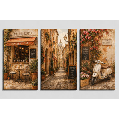 Grand ensemble de 3 impressions sur toile de village méditerranéen, art de rue, village méditerranéen, impression sur toile 16 x 24 pouces - prêt à être accroché