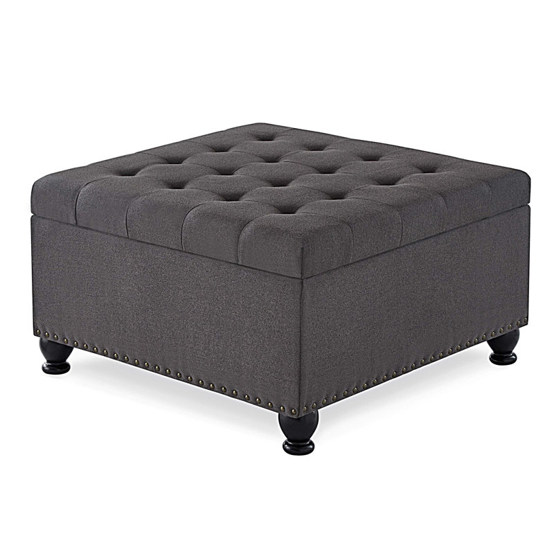 Grand repose-pieds de rangement carré avec pieds en bois, table basse capitonnée avec garniture cloutée pour plus d'espace de vie