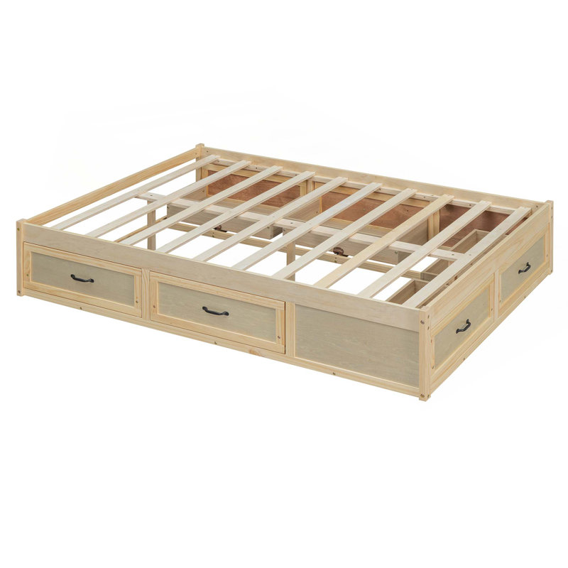 Lit plateforme avec 6 tiroirs de rangement, Naturel antique, Double