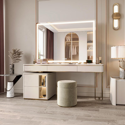 Miroir de salle de bain 41,3 "x 29,5" à DEL lumineux avec haut-parleur Bluetooth, 3 modes de couleurs à intensité variable, commande à écran tactile, fixation murale ou de table, finition blanche