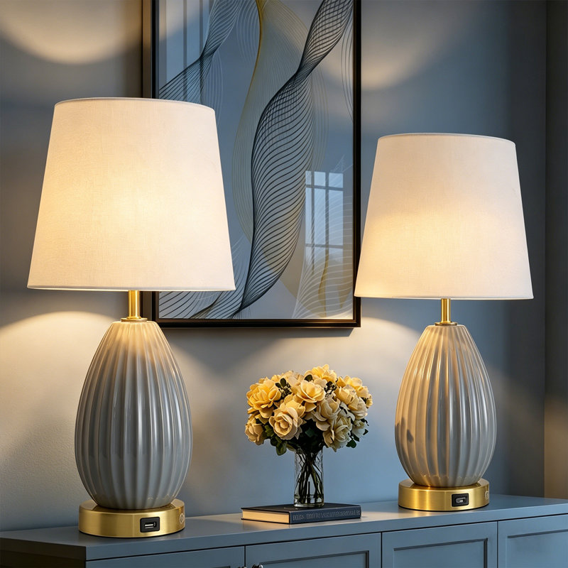 17.67" H Modern Ceramic Table Lamp with Usb For Living Room, Bedroom And Study , Antique Brass/Light Blue