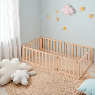 Twin Size Wood Floor Bed Frame With Fence And Door