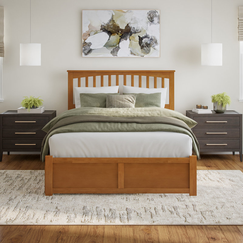 Mission Solid Wood Platform Bed with Panel Footboard and Roll Out Trundle, Queen