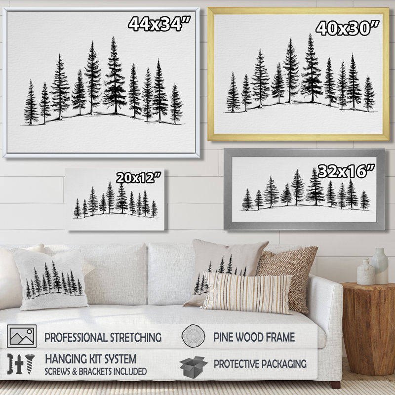 «Pine Tree Forest In Winter Wonderland», reproduction d'art sur toile Nature, H 28 po x l 60 po, Cadre flottant, Doré