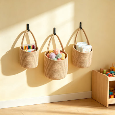 Woven Hanging Wall Baskets for Kitchen Storage, Handmade Jute Organizer Baskets Set for Fruit, Plant, and Bathroom Decor, Rustic Farmhouse and Boho Style Home Organization