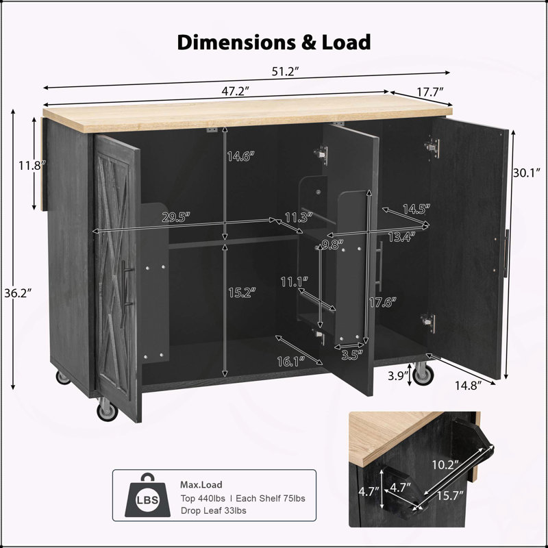 Versatile Farmhouse Kitchen Island with Multiple Functionalities and Stylish Design, Black