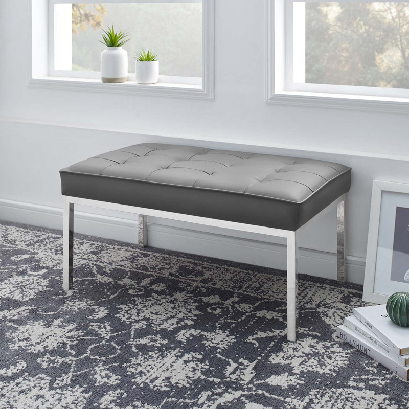 Banc en cuir capitonné Loft, Gris/argent, H 17,5 po x l 34 po x P 20 po