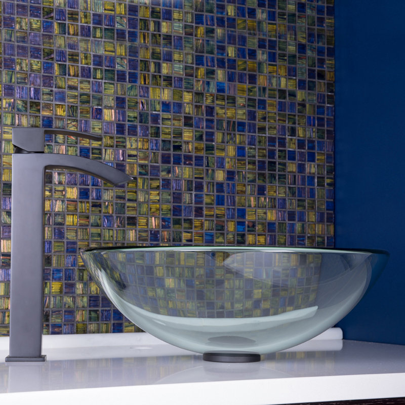 Giovanni Giovanni Round Glass Vessel Bathroom Sink with Faucet, Matte Black, Iridescent