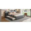 Lit plateforme tapissier avec lampes de lecture, tiroirs, lit gigogne et tablettes, gris