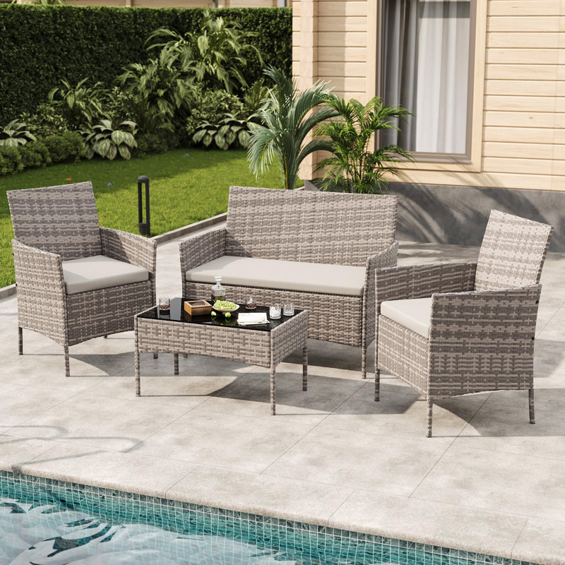 4-Piece Outdoor Patio Furniture Set with Sofa, 2 Chairs & Coffee Table, Rattan Conversation Set for Backyard, Porch, Garden