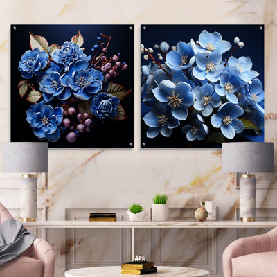 Black And Blue Hydrangea Harmony - Hydrangea Acrylic Wall Art Glass Set Of 2