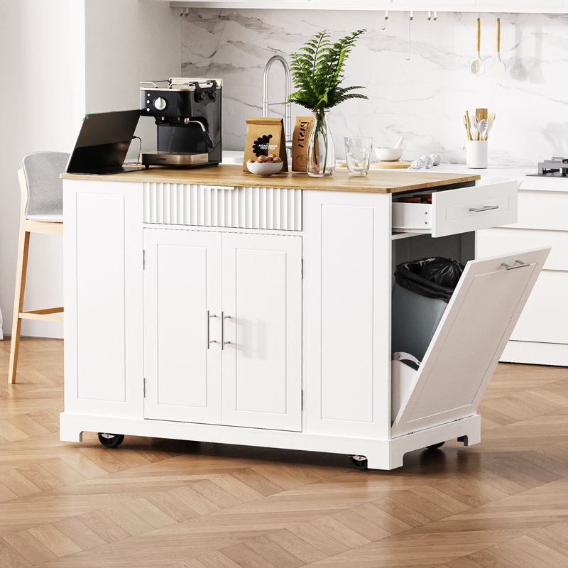 Fluted Kitchen Island With Trash Can Storage, Power Outlet, And Multiple Drawers For Enhanced Organization And Convenience