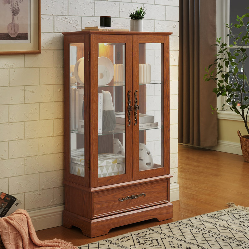 Vitrine lumineuse en verre avec tablettes réglables - Élégante vitrine à 2 portes et tiroir intégré, y compris l'ampoule - chêne foncé