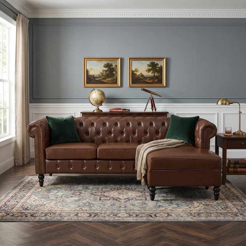 Canapé modulaire en L avec repose-pieds 85 po Chesterfield, Similicuir brun
