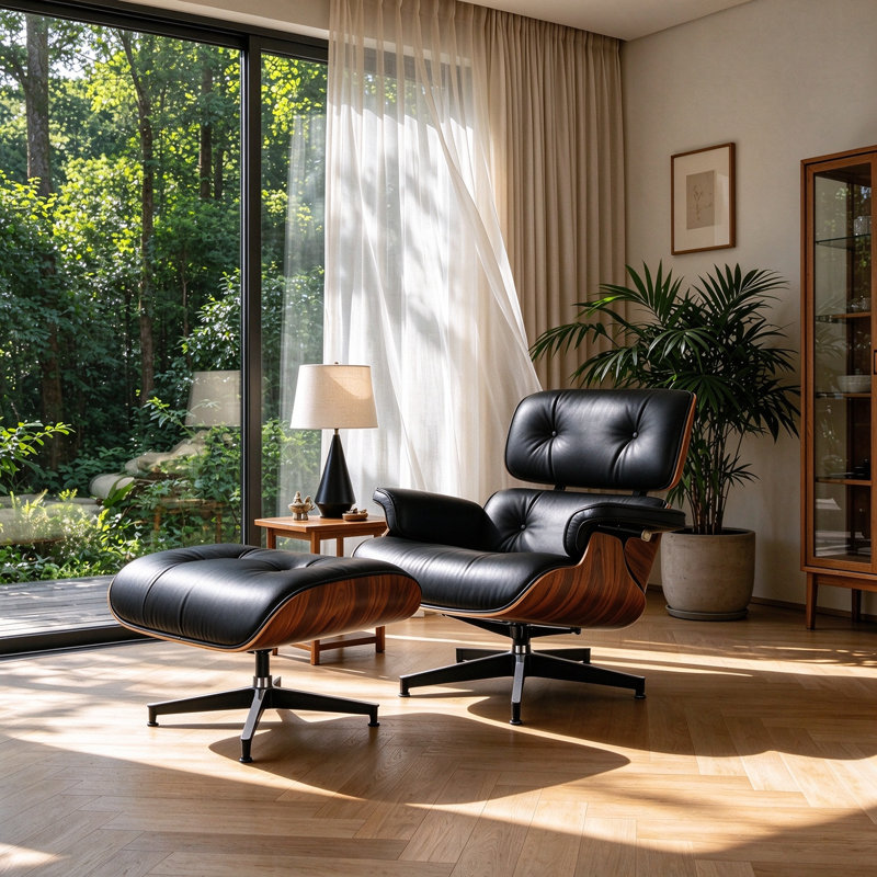 Fauteuil d'appoint rembourré en cuir véritable avec repose-pieds et base en aluminium robuste, Noir / espresso / noyer