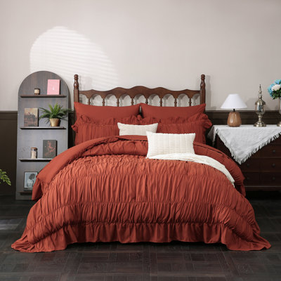 Brick Red Ruched Comforter Set King Size,boho Ruffle Bedding 9 Pcs Bed In A Bag,fluffy Luxury Ruffle Comforter Bedding With Flat Sheet, Fitted Sheet, Pillow Shams, Pillowcases For All Season
